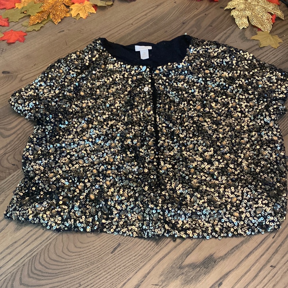 Chico’s size 3 super fun and festive gold sequins and bead jacket like overlay.
